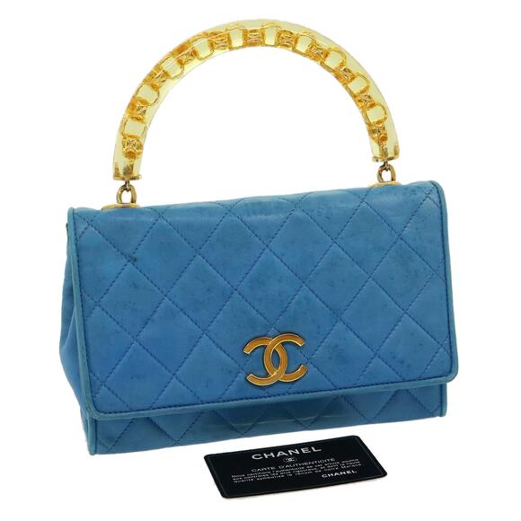 CHANEL Hand Bag Lamb Skin Blue CC - Picture 1 of 16